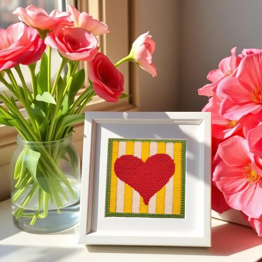 Framed needlepoint heart art with pink roses and flowers in the background