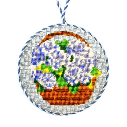 Needlepoint hanging ornament of hydrangeas in a basket