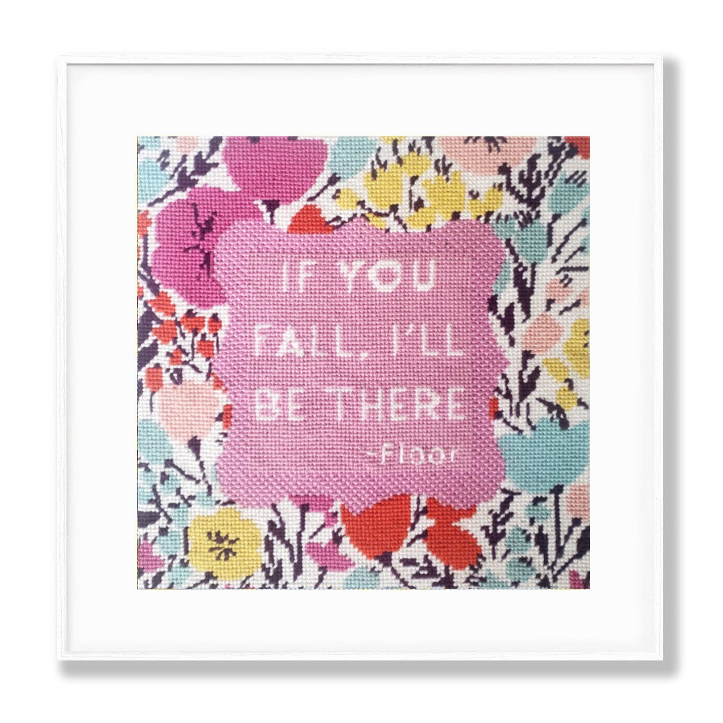 Floral patterned needlepoint with motivational quote on a white background
