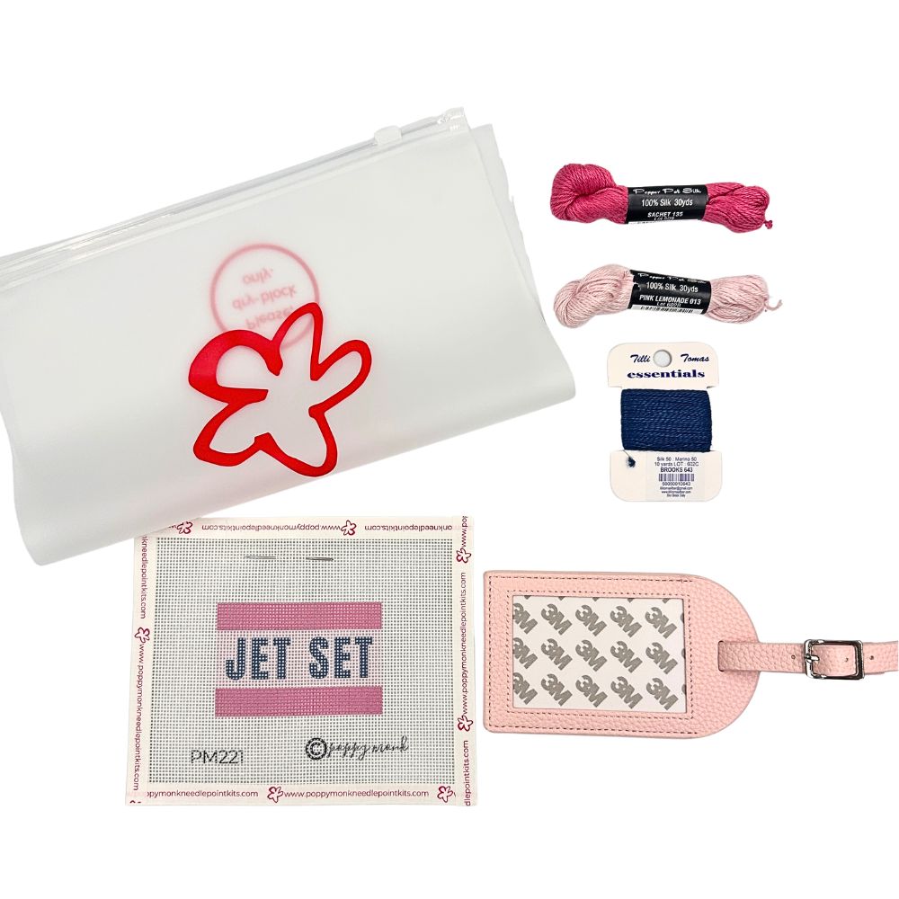 Jet Set needlepoint luggage tag kit