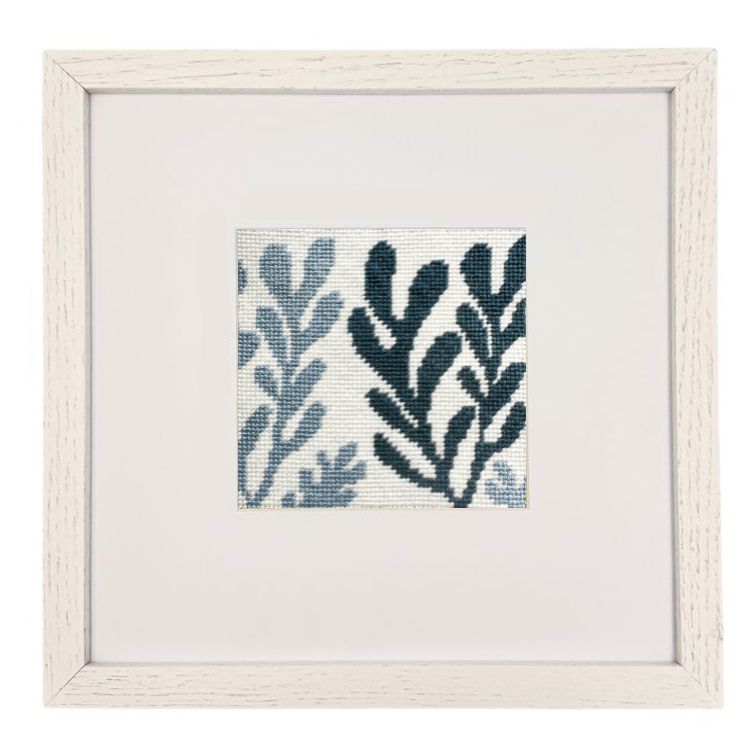 Kelp needlepoint shown in premium oak 5x5 frame