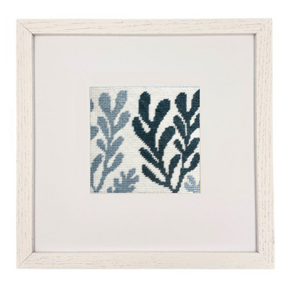 Kelp needlepoint shown in premium oak 5x5 frame
