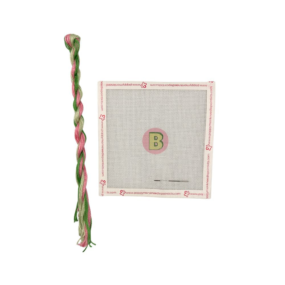 Braided pink and green thread with a canvas panel featuring a letter &
