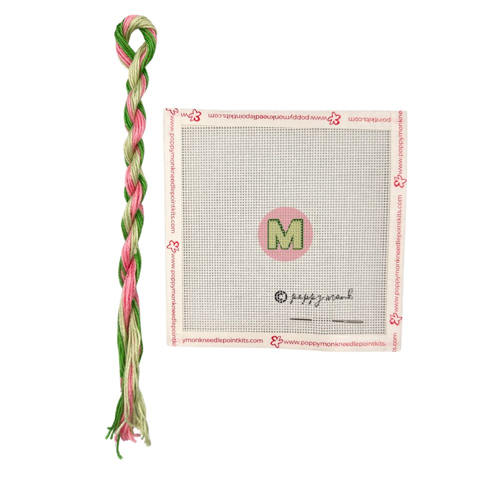pink and green thread with poppy monk M canvas