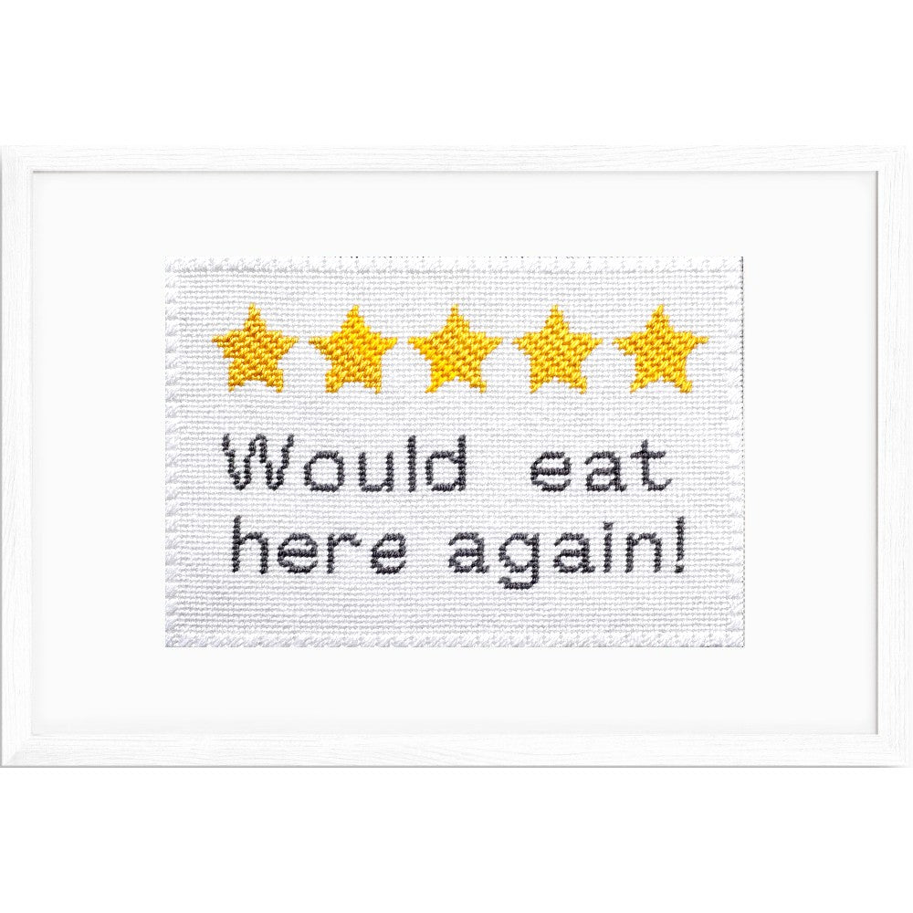 Kitchen Review funny needlepoint sign with stitch guide.