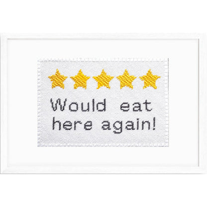 Kitchen Review funny needlepoint sign with stitch guide.