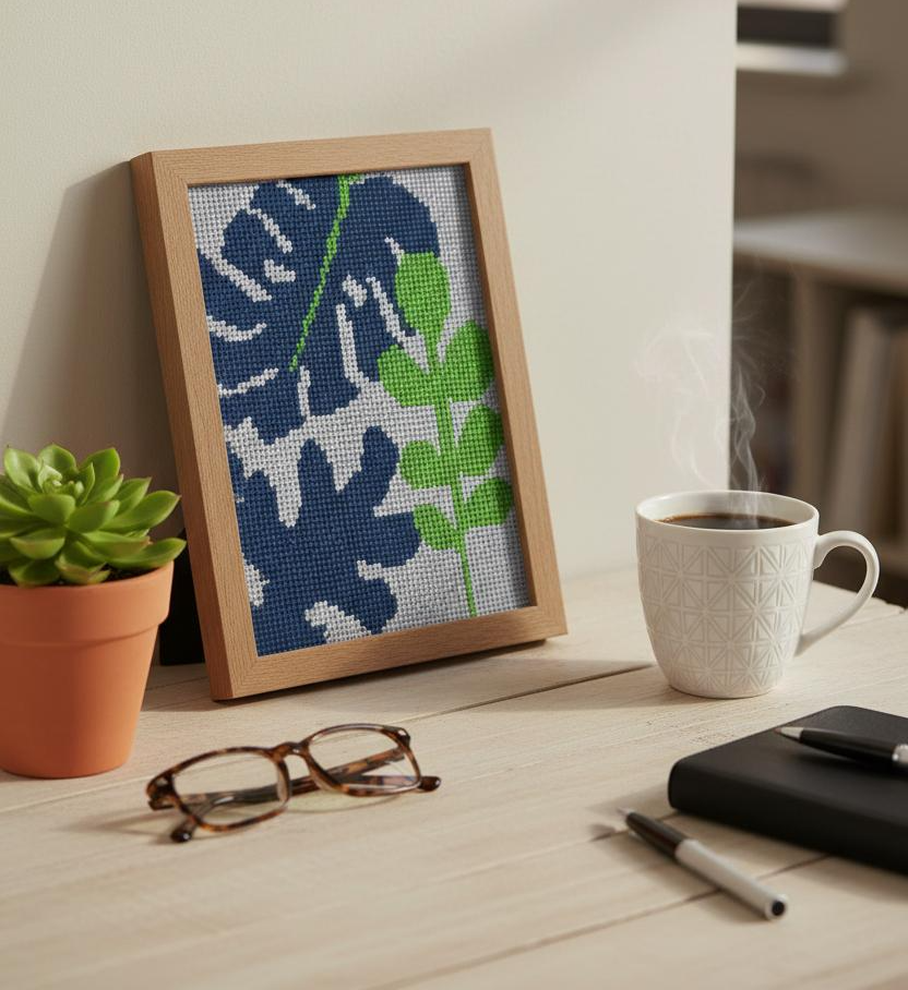 Modern botanical needlepoint design shown in a frame