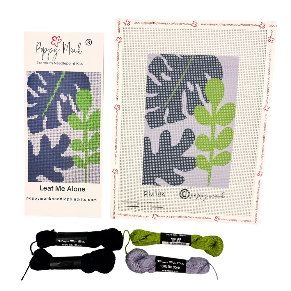 Leaf Me Alone modern botanical needlepoint kit for beginners, 4" x 6" on 14 mesh colors navy, green, lilac