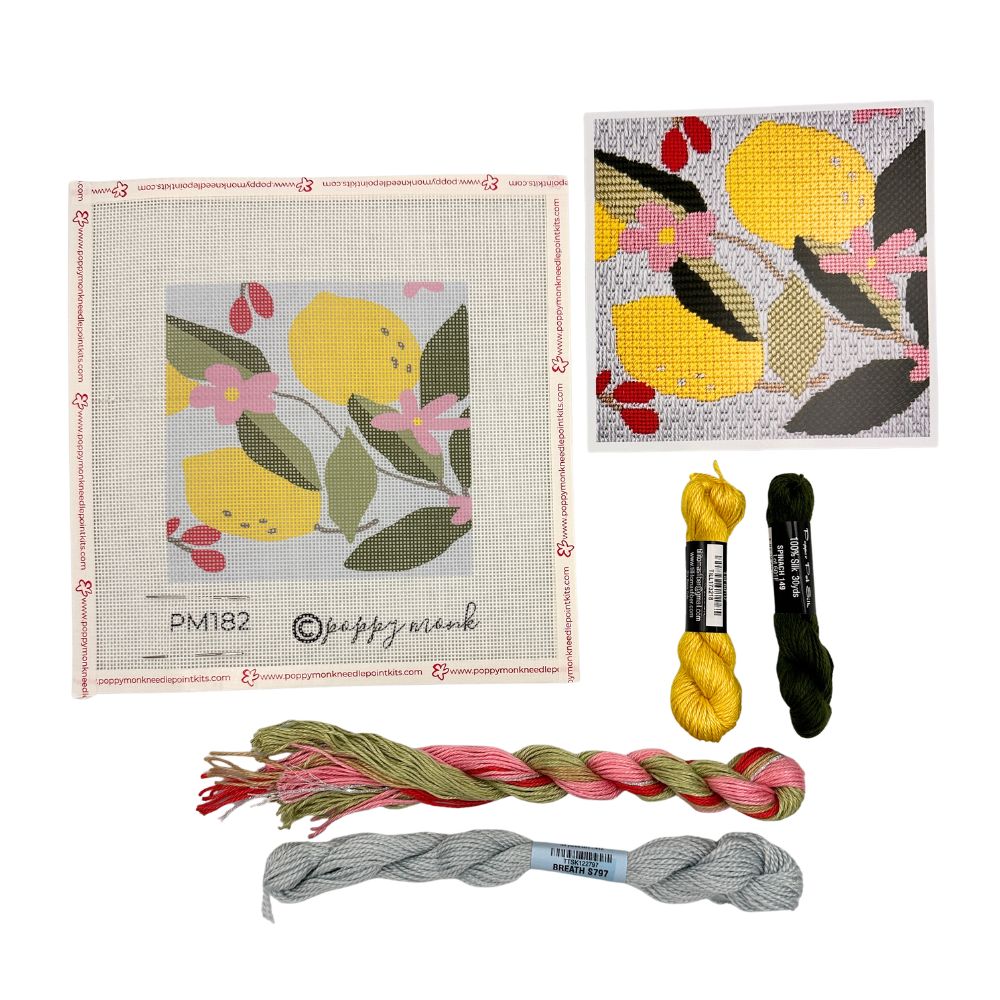 A lemon needlepoint kit with silk threads 