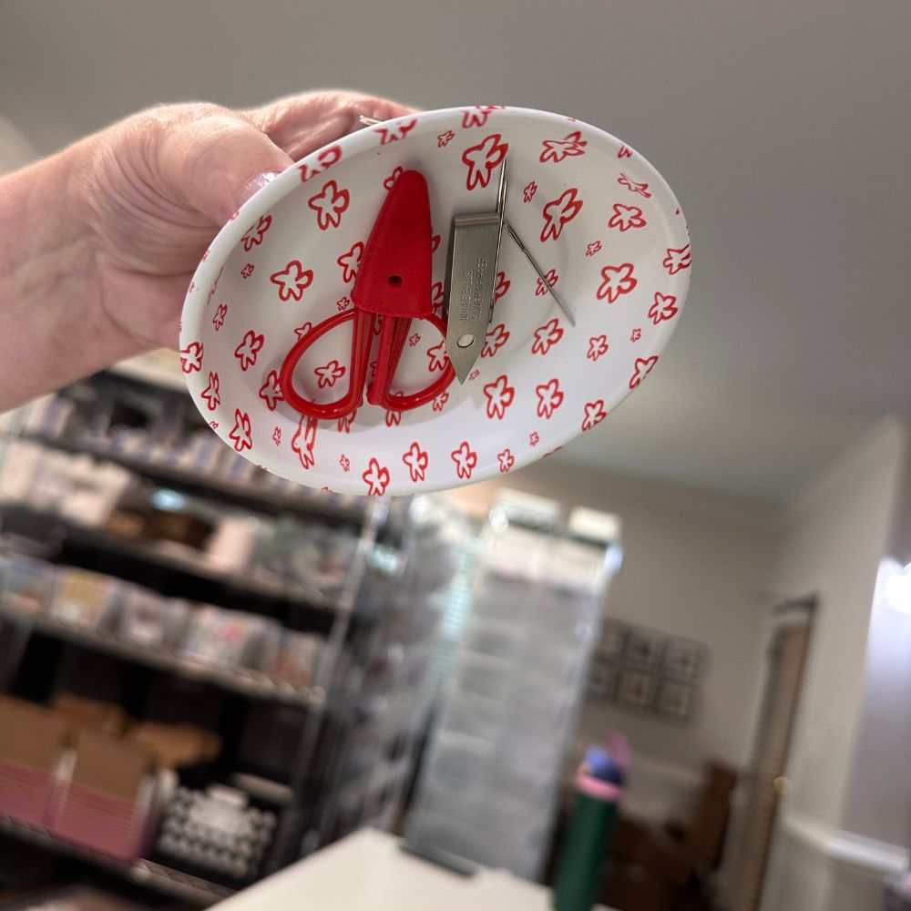 dish held upside showing magnet holding scissors and needles