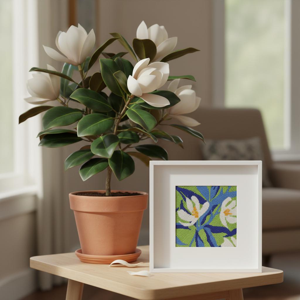 Magnolia needlepoint framed next to a magnolia plant