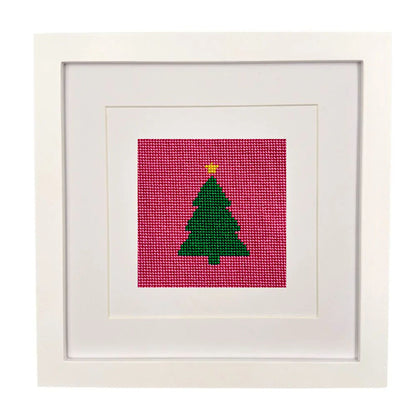 The Merry and right design stitched and it a white frame.