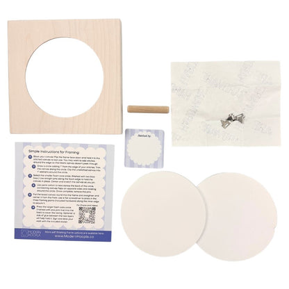 Square wooden frame for a round needlepoint with kit contents