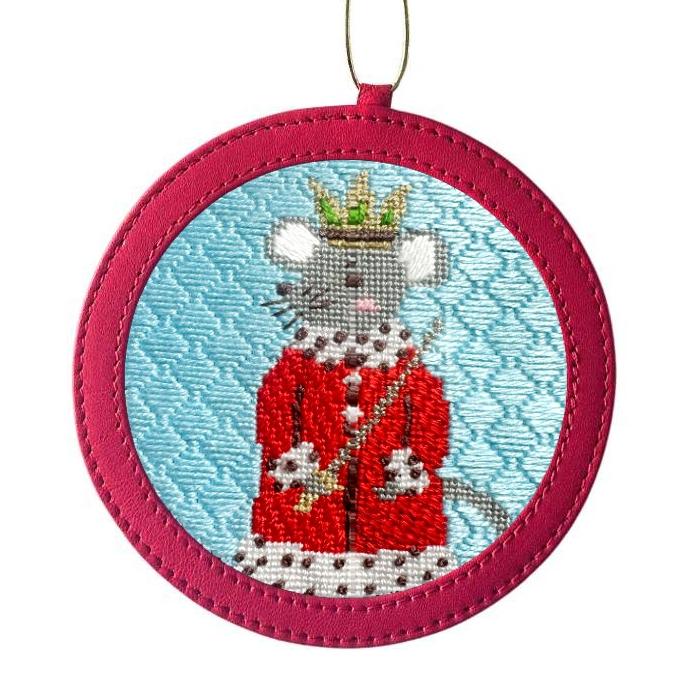 Decorative ornament with a mouse in royal attire on a pink border