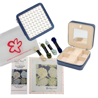 Floral needlepoint kit with a navy jewelry box