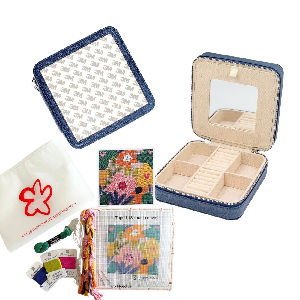Navy jewelrey box with a floral needlepoint kit