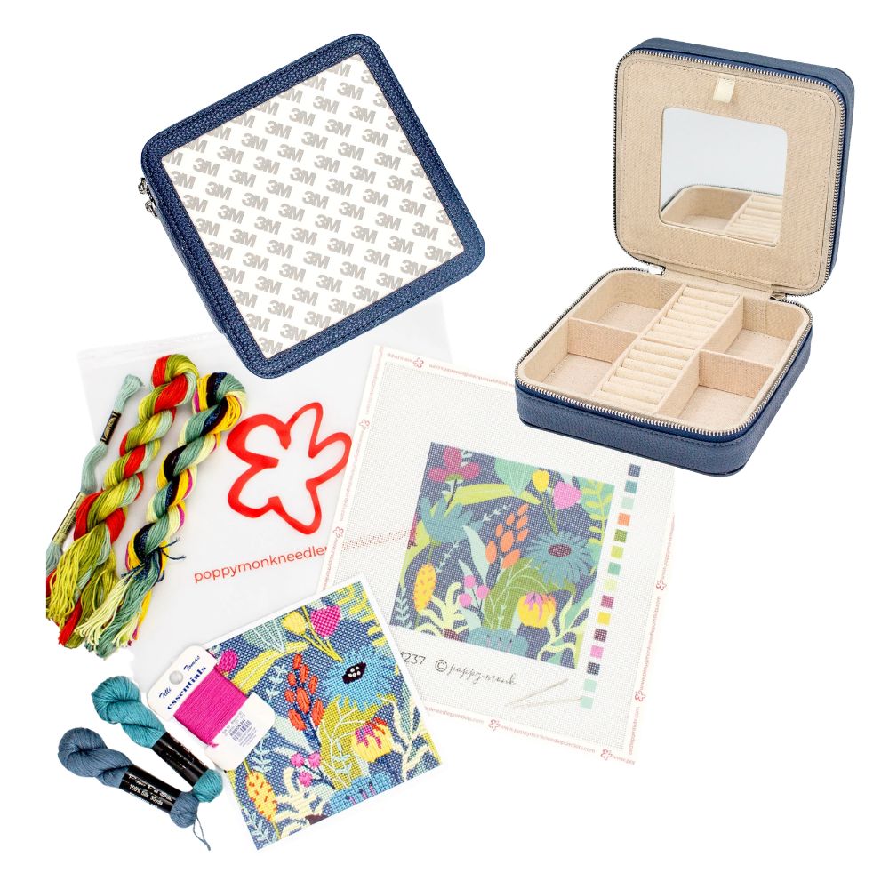 Floral needlepoint kit and navy blue jewelry box