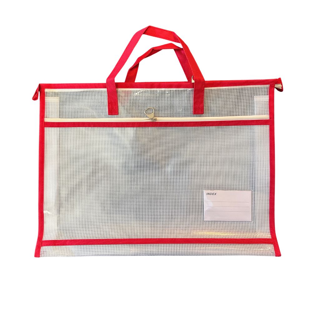 A clear mesh document or file bag with a red border, red top handles, and a small white label pocket on the front, shown against a plain white background.