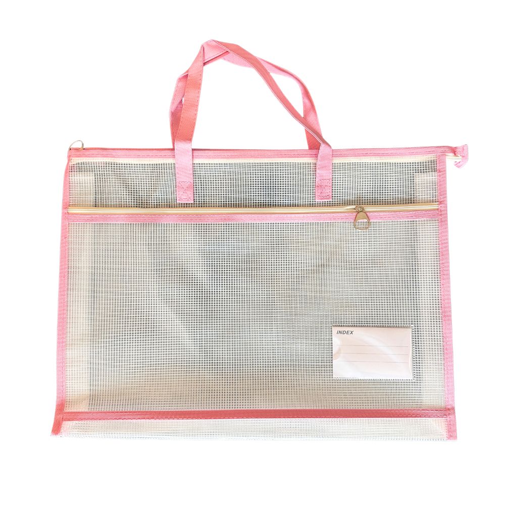 A pink mesh zippered storage bag with dual top handles, a gold zipper pull, and a small white label on the front, shown against a plain white background.