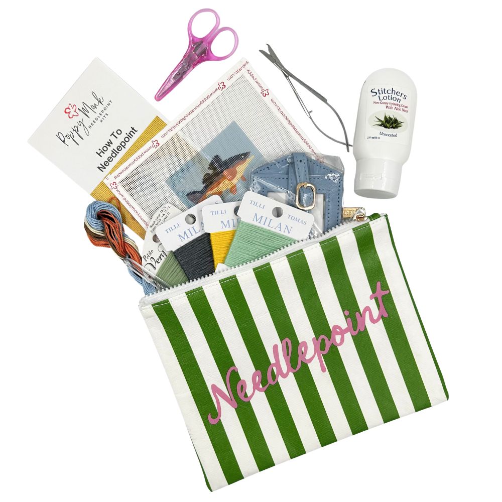 needlepoint project pouch with accessories