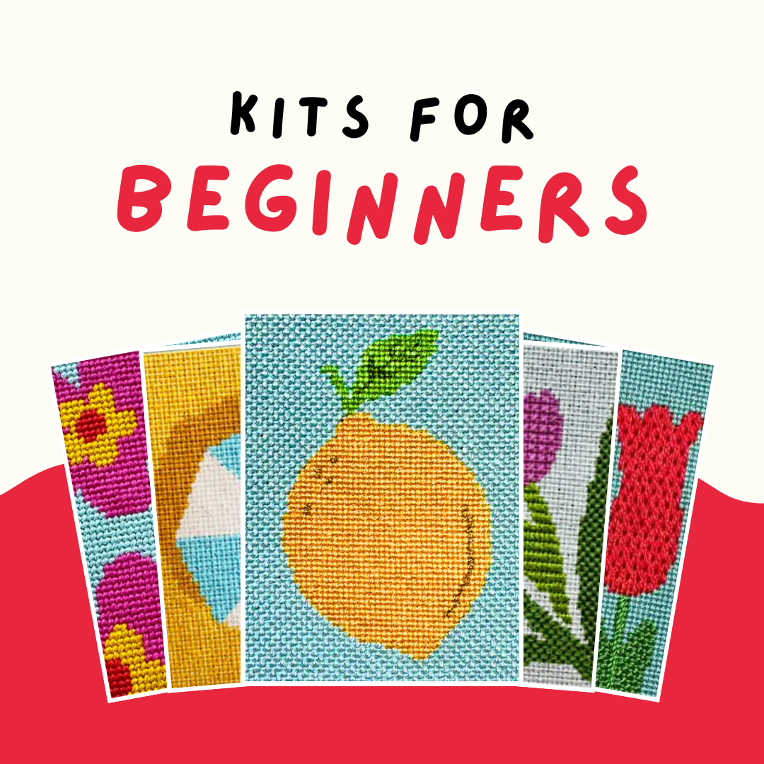 Kits for beginners with needlepoint designs on a red background