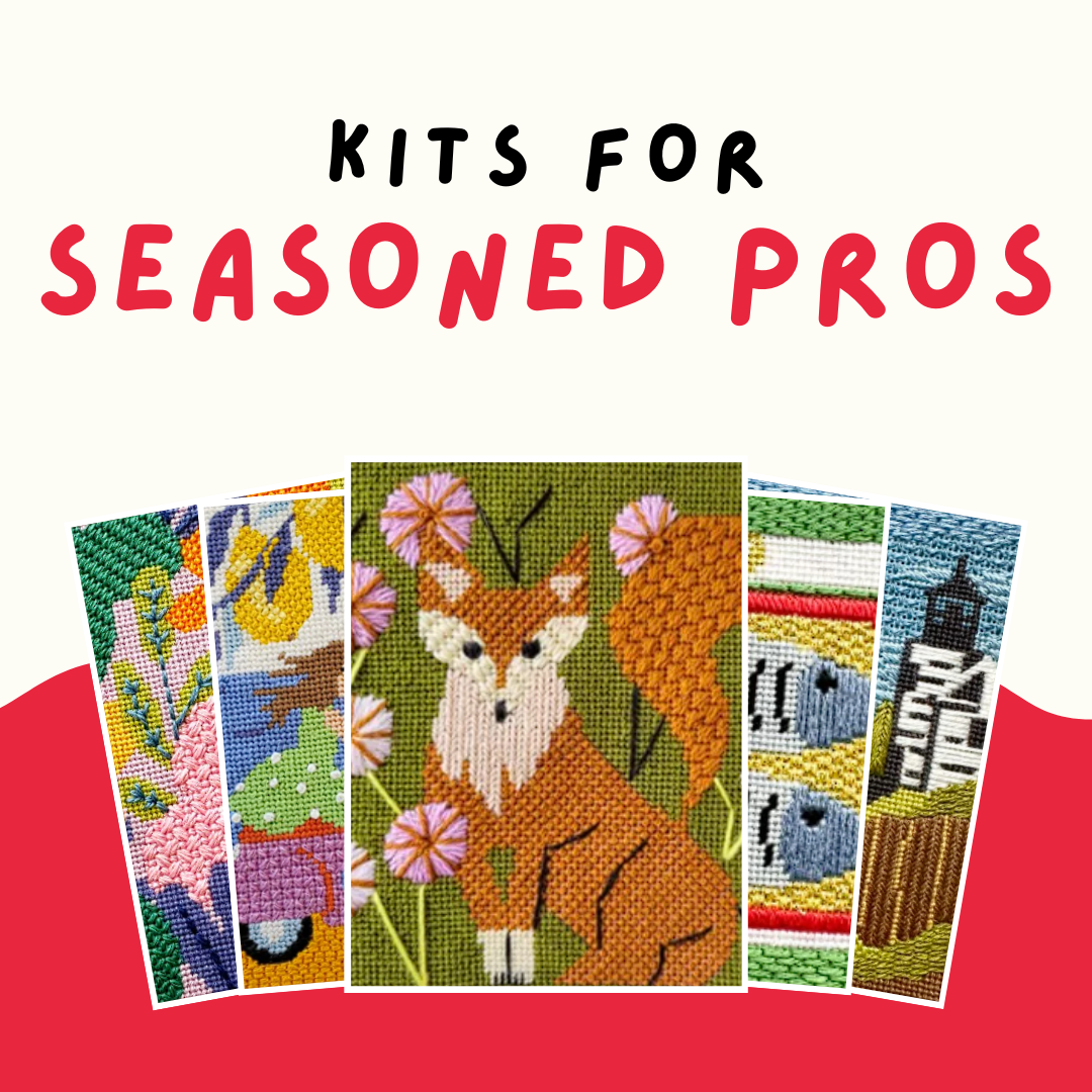 Cross-stitch kits with a fox design and text 'Kits for Seasoned Pros' on a red background