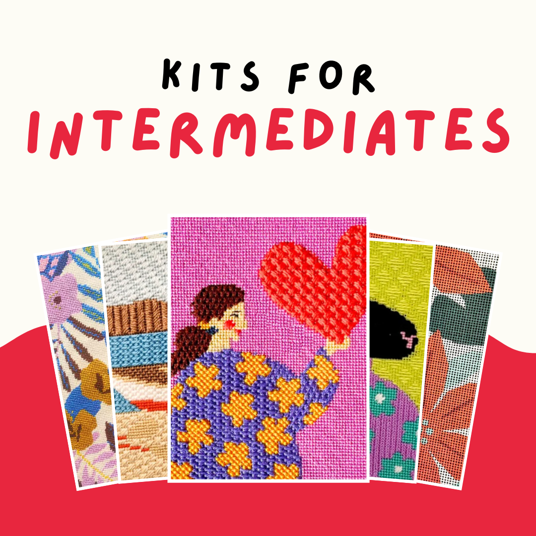 Kits for intermediates with needlepoint designs on a red background