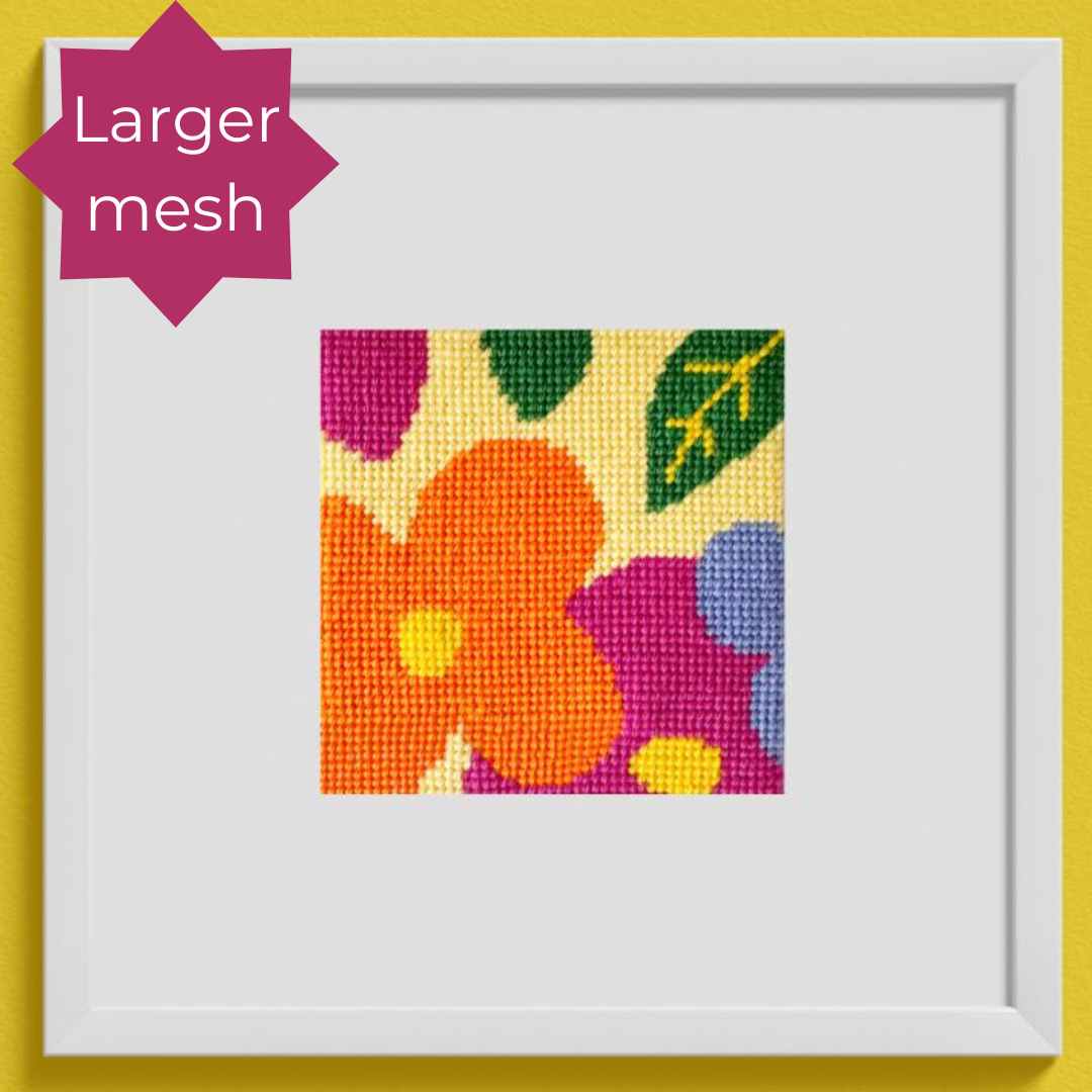 Beginner needlepoint kit on larger mesh so easier to see.