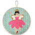Needlepoint ballerina in a pink dress with a gold crown on a light blue background
