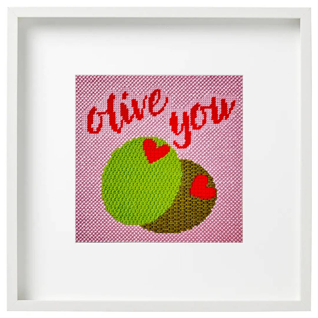 Olive You needlepoint design for a Valentine.