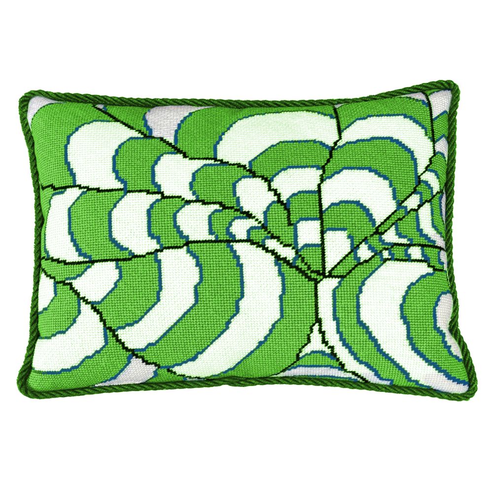 Needlepoint pillow kit with green and white pattern on a white background