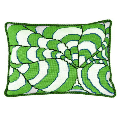 Needlepoint pillow kit with green and white pattern on a white background