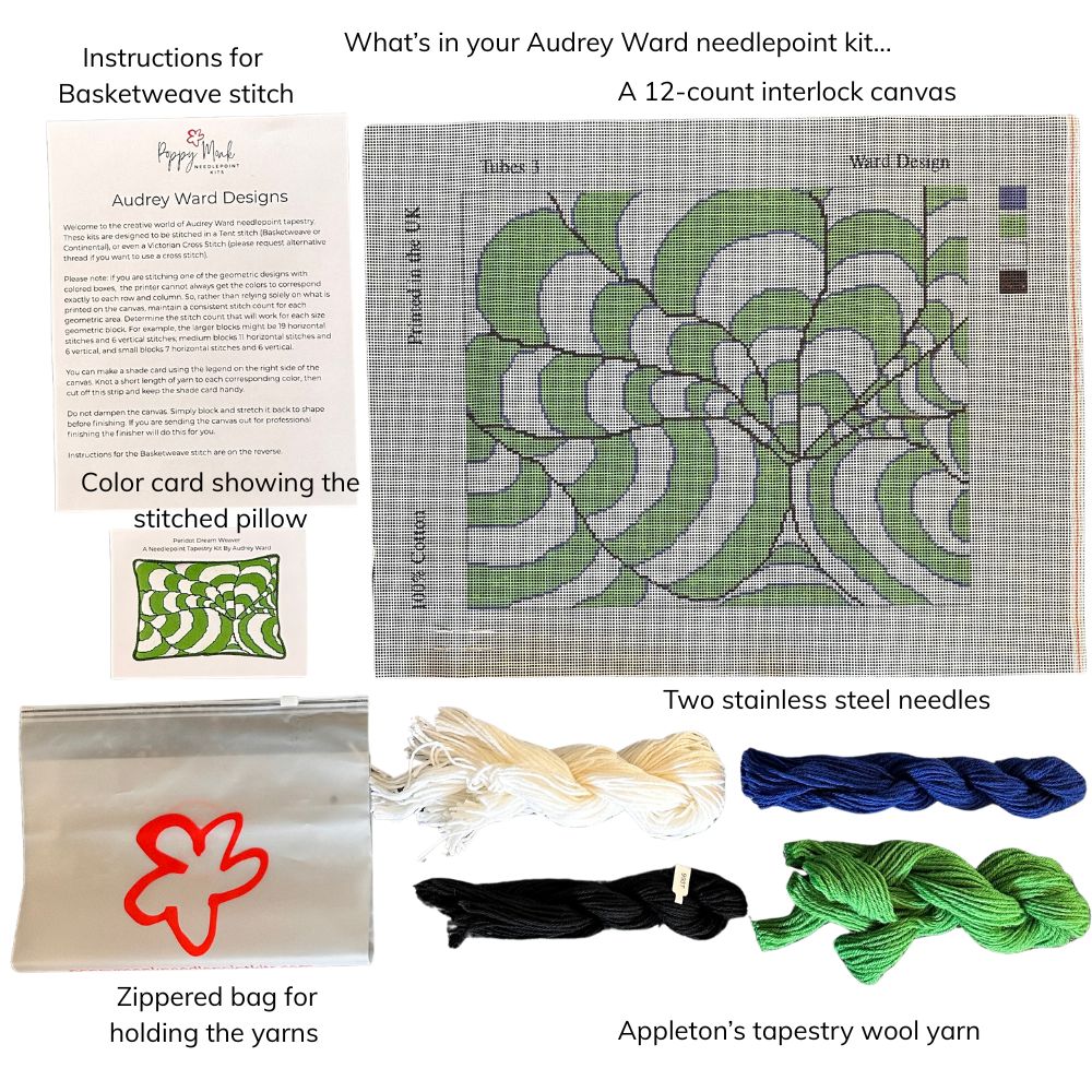 Audrey Ward needlepoint kit contents including instructions, canvas, yarns, needles, and bag.