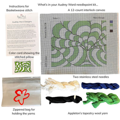 Audrey Ward needlepoint kit contents including instructions, canvas, yarns, needles, and bag.