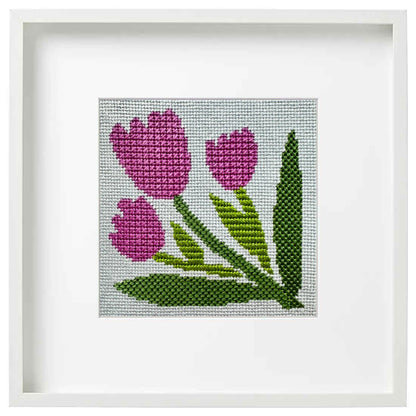 Pink Tulips beginner needlepoint kit framed
