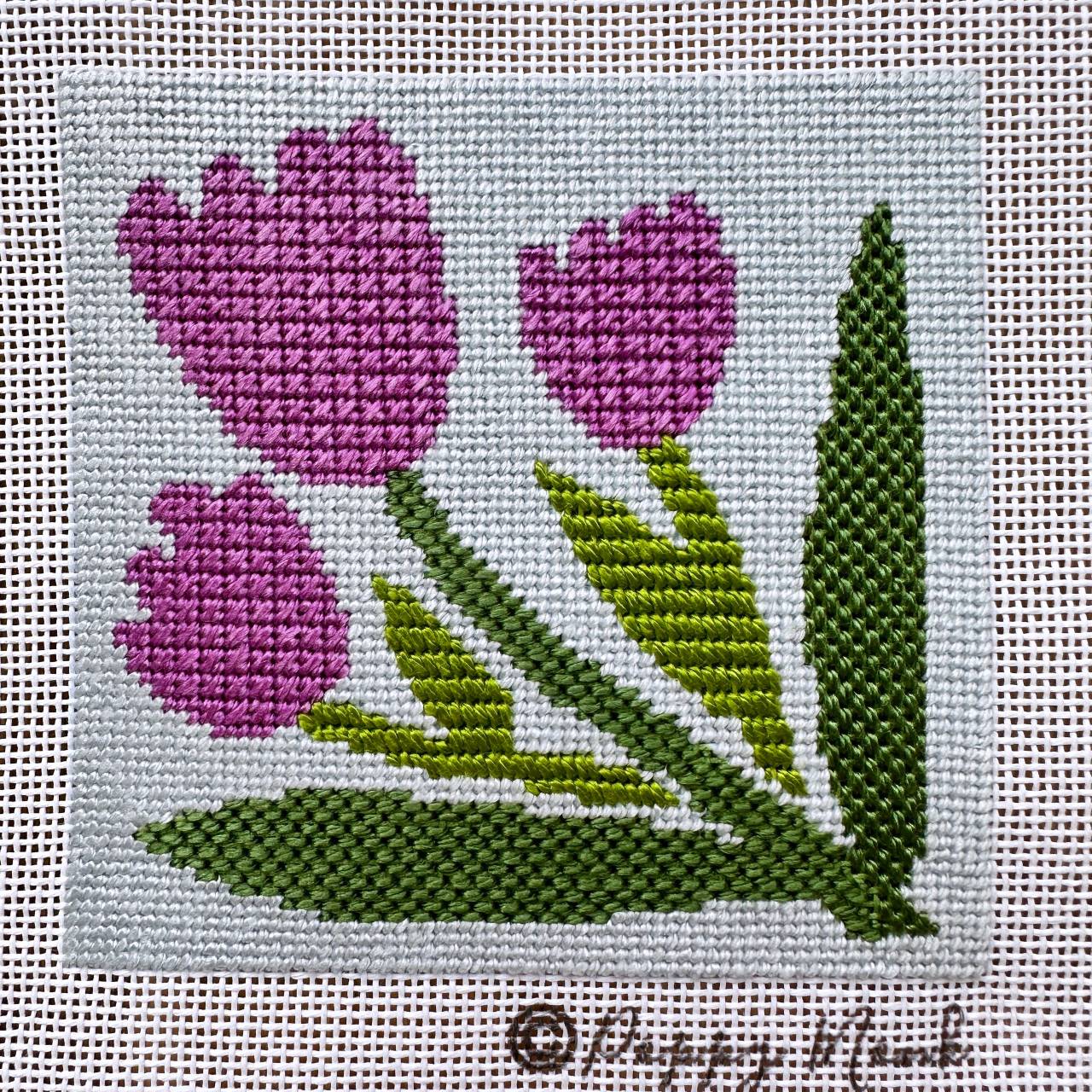 pink tulips needlepoint kit with decorative stitches