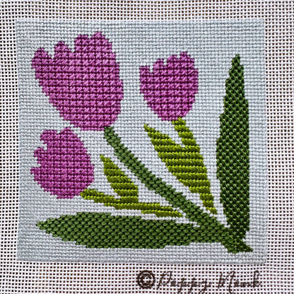 pink tulips needlepoint kit with decorative stitches