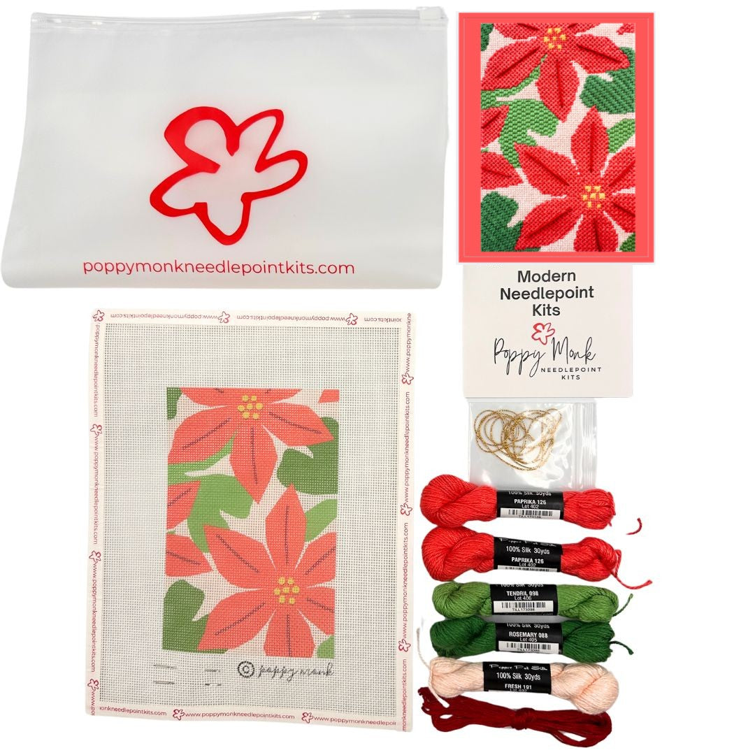 Poinsettia Christmas needlepoint kit contents