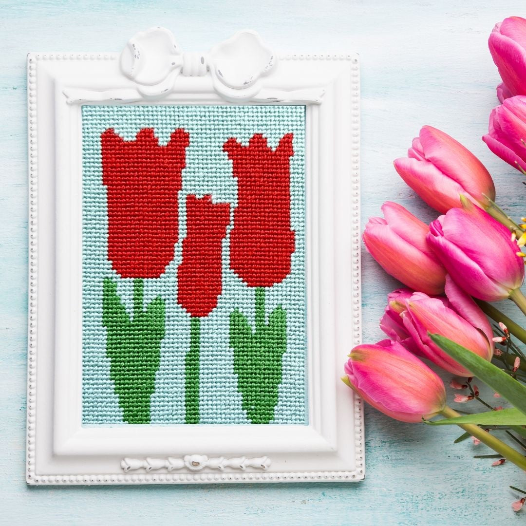 Red Tulips needlepoint kit for beginners