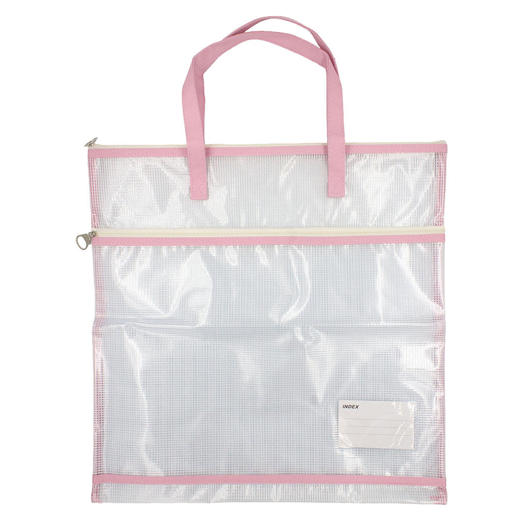 plastic tote bag with pink trim
