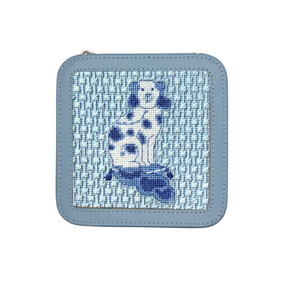 Blue and White Dog needlepoint in leather box