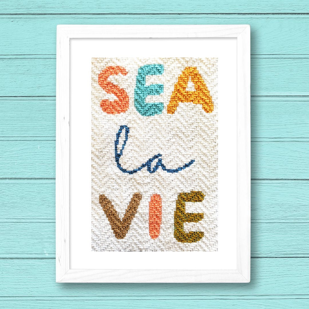 Sea La Vie needlepoint saying stitched in a decorative Wave stitch