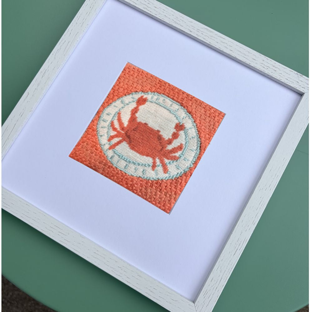 Framed needlepoint crab design