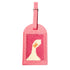 A pink luggage tag with a goose design