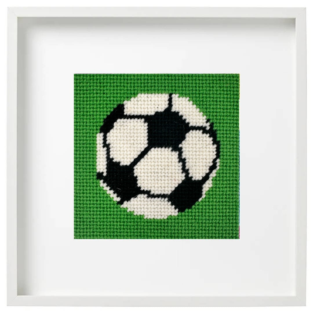 Needlepoint design os a soccer ball in a white frame