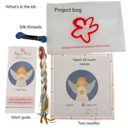 Poppy Monk needlepoint kit contents including project bag, silk threads, canvas, stitch guide, and needles.