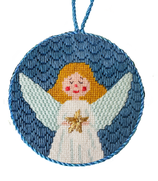 Needlepoint angel ornament with blue background