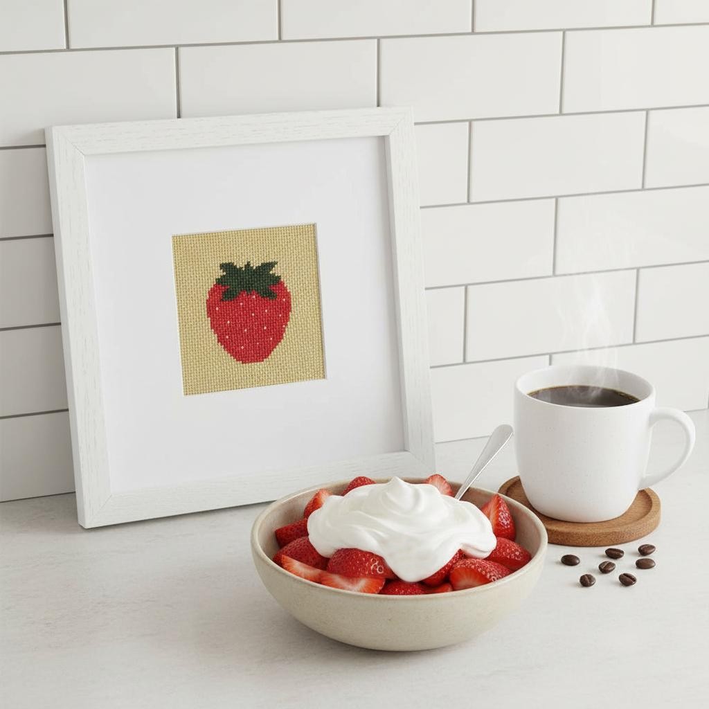 Bowl of strawberries with cream, cup of coffee, and framed cross-stitch strawberry on a white tiled wall.