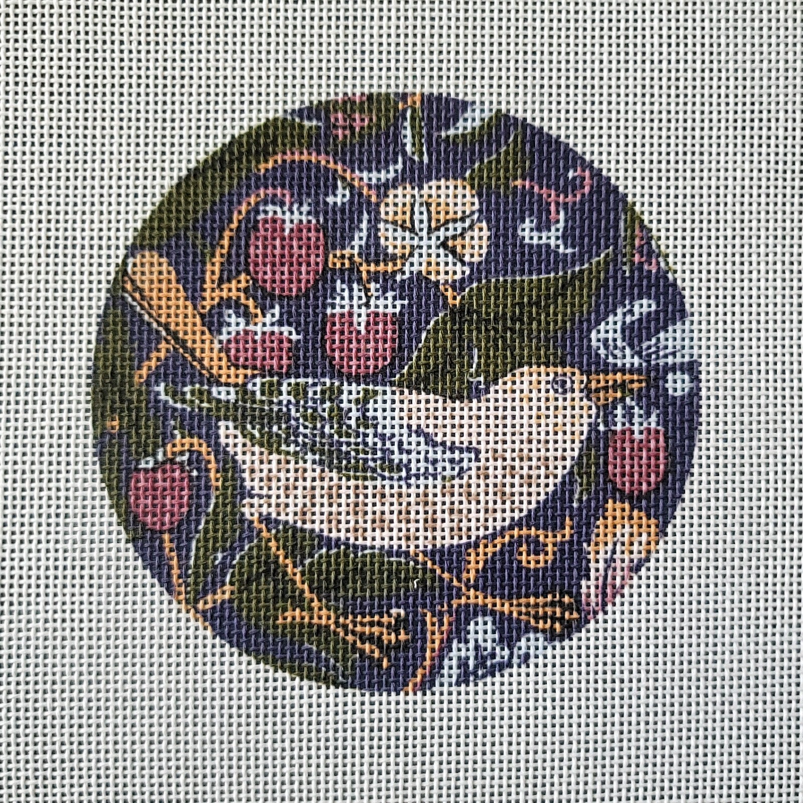 Strawberry Thief needlepoint ornament kit with William Morris design.