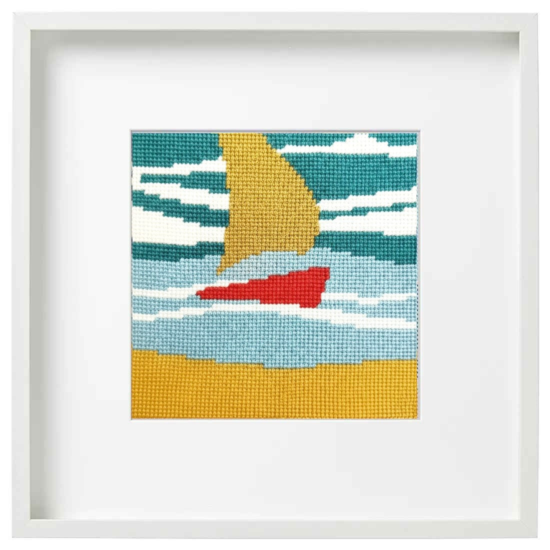 Summer Sailboat needlepoint design in a frame
